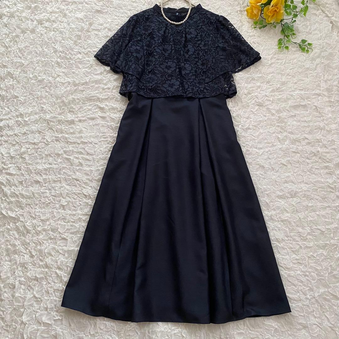 AIMER エメ レースブラウス付シャンタンフィット＆フレアドレス NAVY