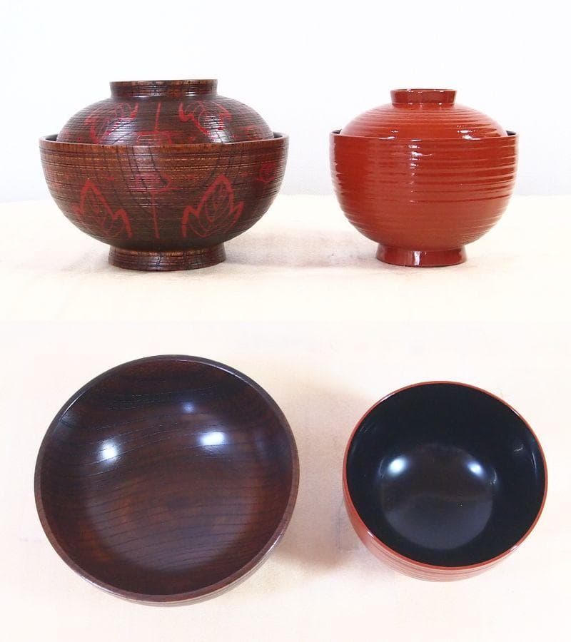 【良品】輪島塗 小崎清人 木地呂 吉野絵 煮物椀 5客 雑煮椀/大椀 漆器/食器