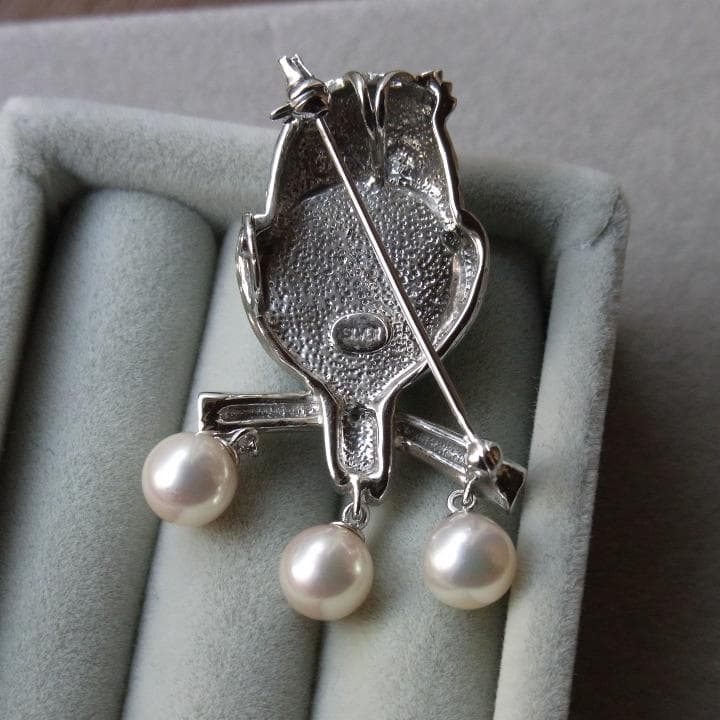 ターコイズとパール 梟（フクロウ）のブローチ/ペンダント ふくろう