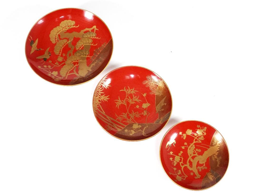 九段盃 酒器 天然木 漆塗り 金蒔絵 松竹梅 亀鶴紋 漆芸