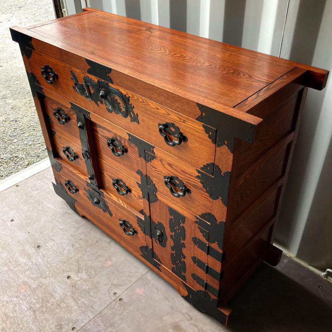 取付無料！民芸家具 楡(ニレ)材総無垢 和モダン アンティーク車箪笥 和