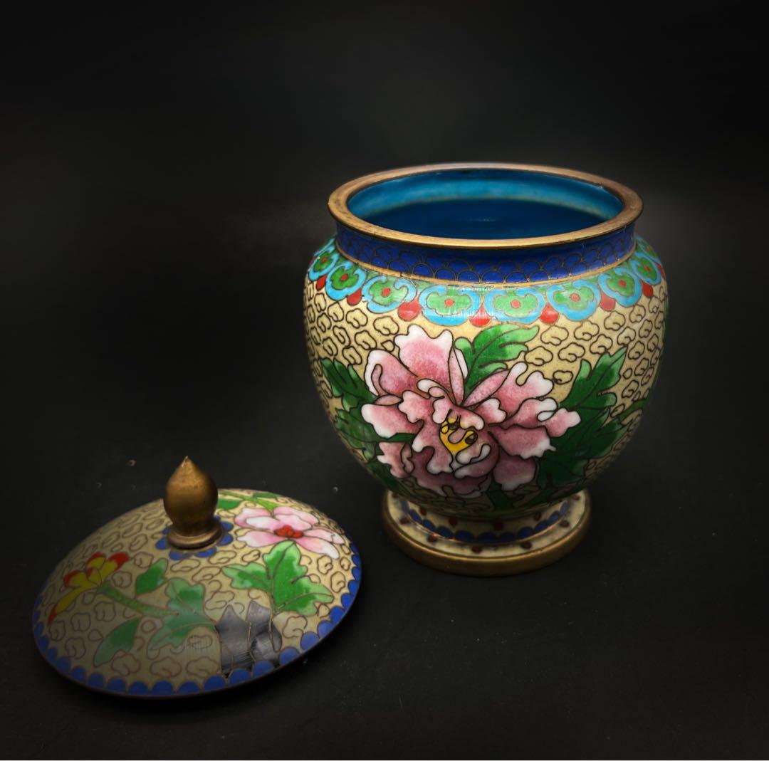 中國美術 古玩 七宝焼 景泰藍 茶葉罐 蓋置 花瓶まとめて 牡丹 梅 蝶々瓢箪
