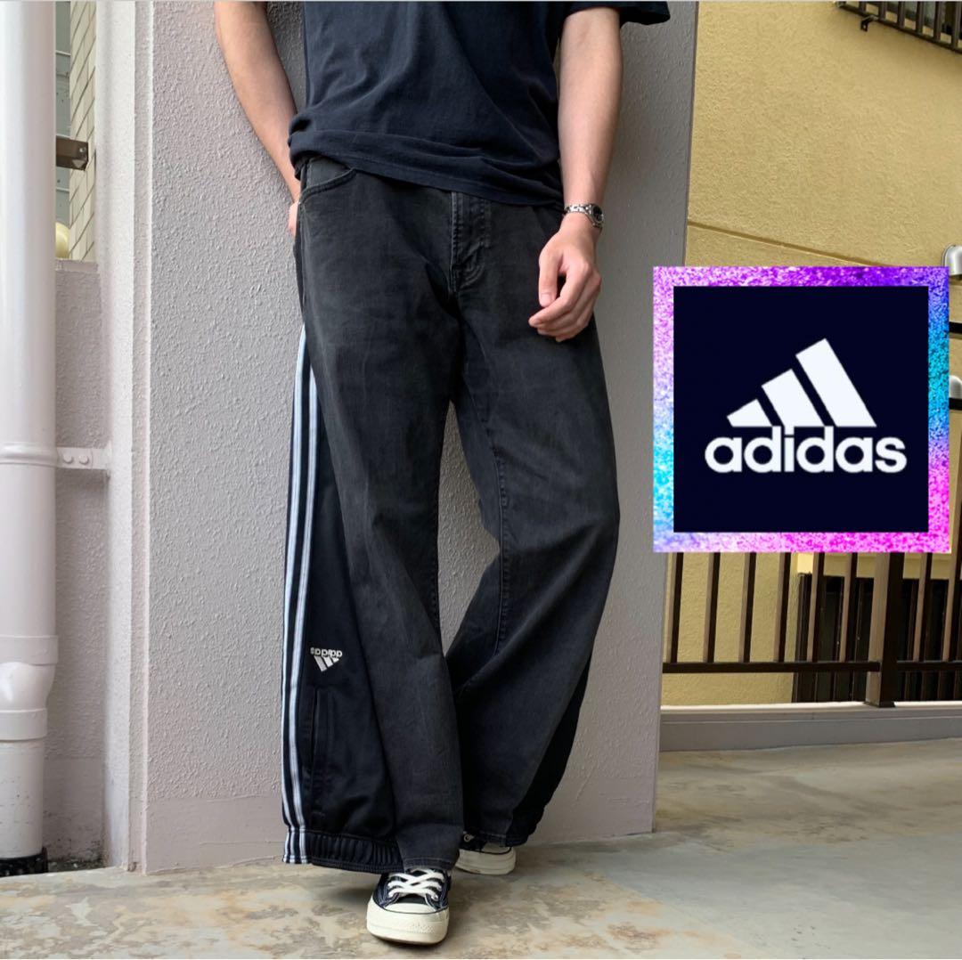 リメイクデニム】ブラック 再構築 ドッキング ワイド フレア ジャージ