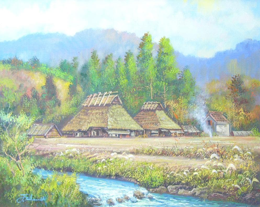 絵画 油絵 竹内敏彦 肉筆油絵 風景画 晩秋の民家 F12 絵画 油絵 竹内敏彦