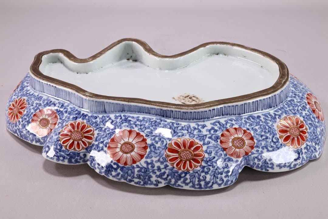 江戸中期 古伊万里 美人形 飾皿 変形皿 色絵金彩 巾40.5㎝ BJ201