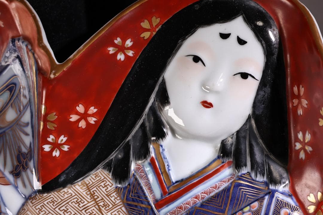 江戸中期 古伊万里 美人形 飾皿 変形皿 色絵金彩 巾40.5㎝ BJ201