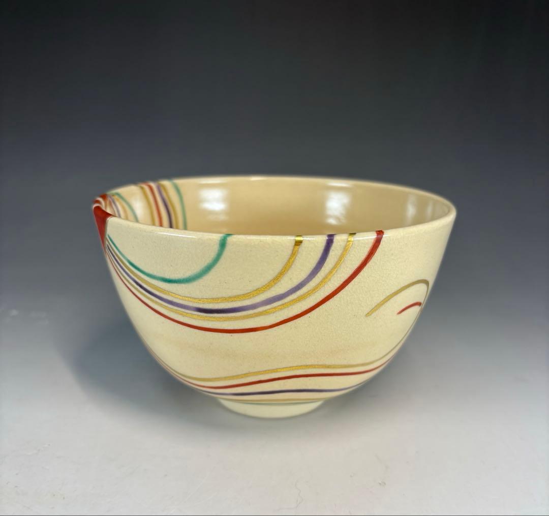 中古品】久世久宝造 色絵熨斗茶碗 淡々斎書付（共箱）USED〈税込•送料