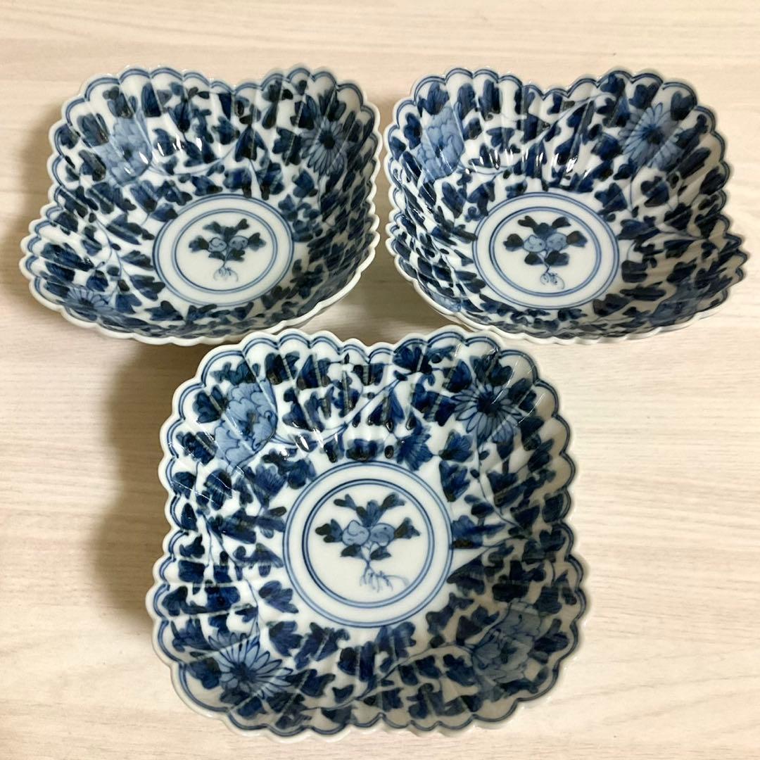 宮内庁御用窯 山本長左 九谷焼 小鉢揃 3点セット 牡丹唐草 染付 花文