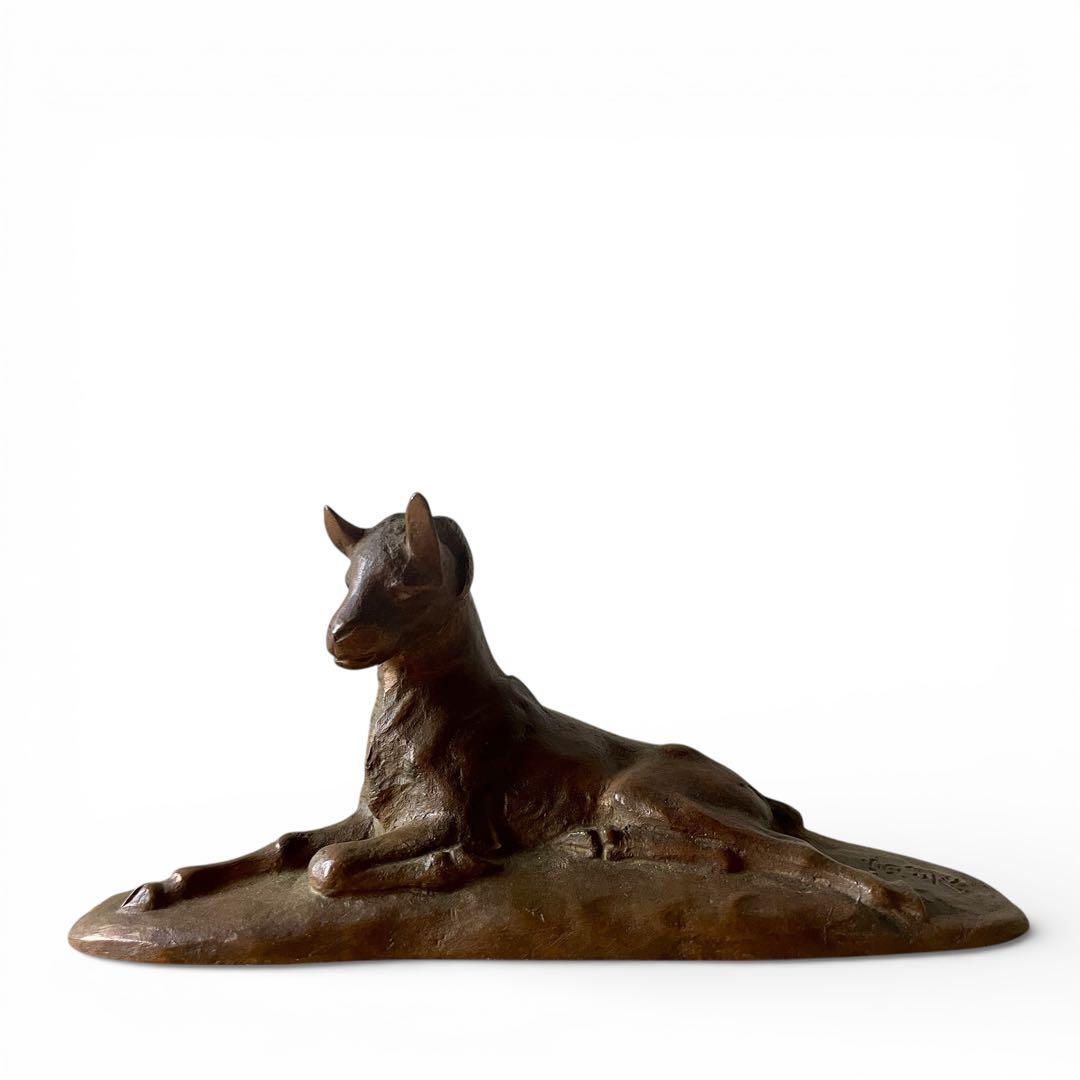 希少】宮地寅彦 銅 ブロンズ 山羊 文鎮 書道具 共箱 在銘 置物 オブジェ