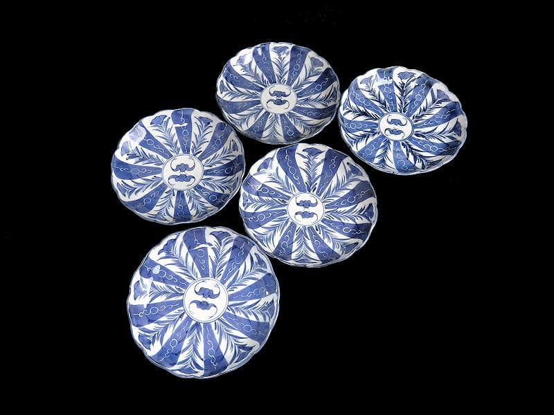 古伊万里　染付　墨弾き　撫子に蝙蝠の図 ５寸半皿　５客　252AS-CAx