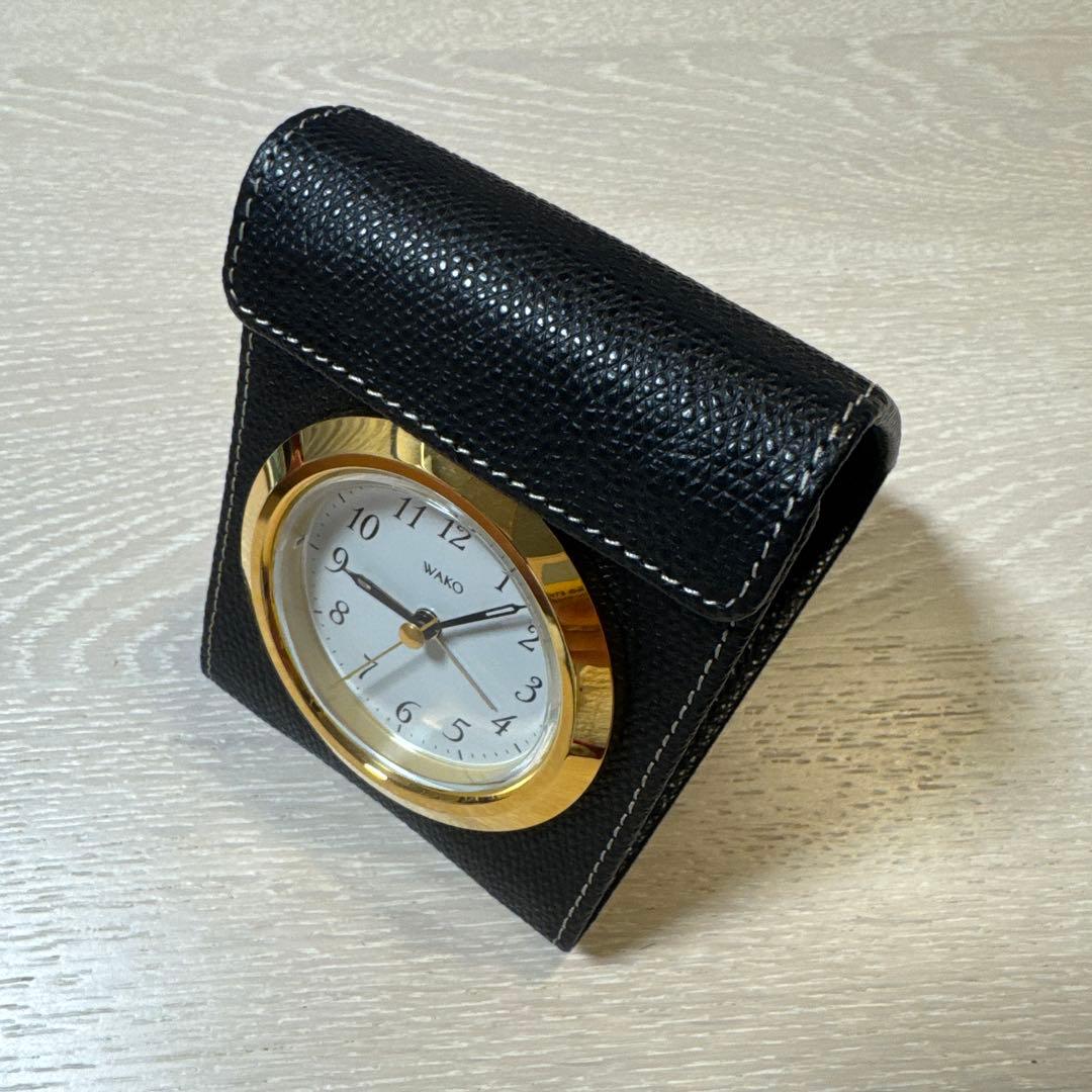 ジャンク扱い：WAKOクロック 銀座和光 トラベルクロック ブラック 革製