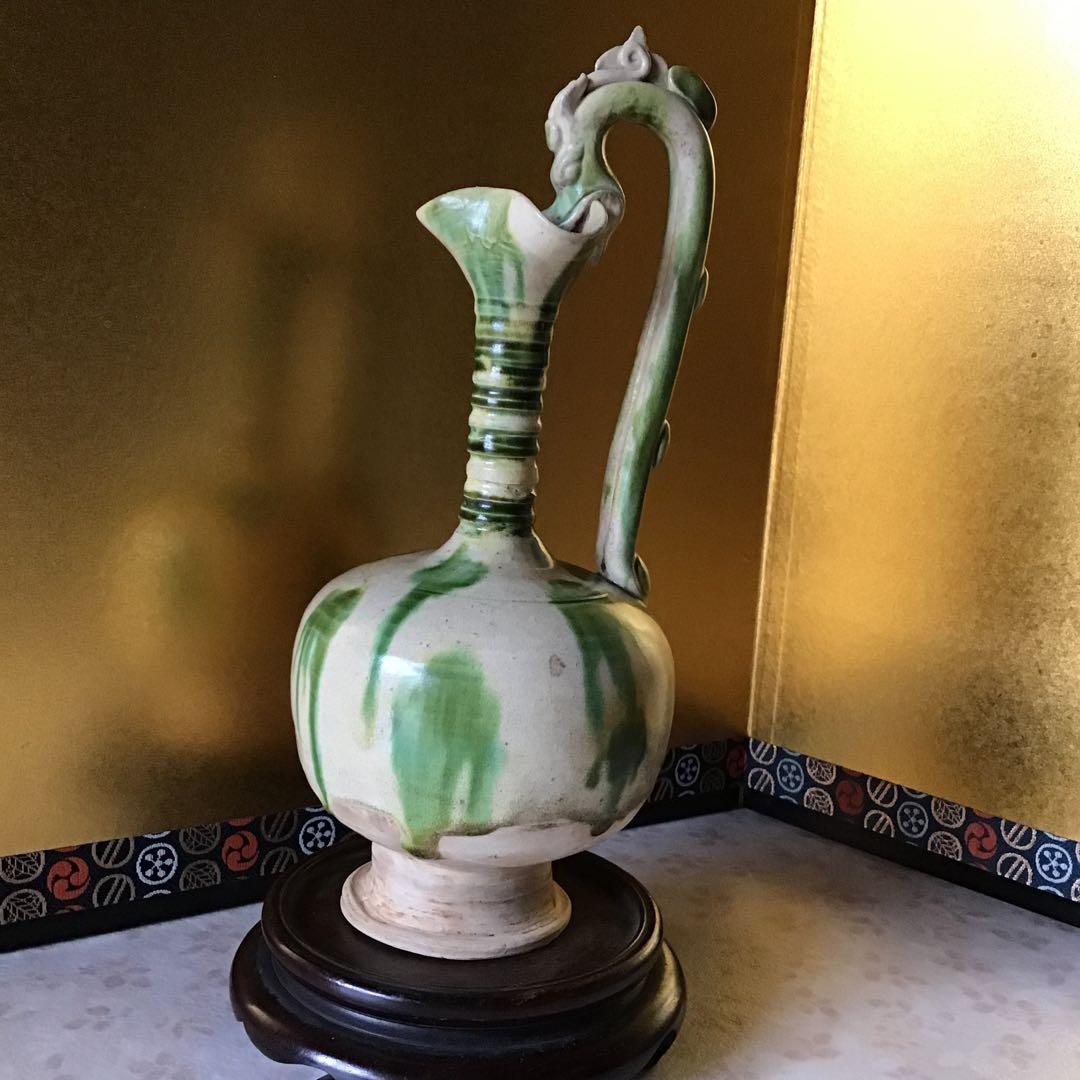 時代　唐綠黄秞竜耳瓶　中国