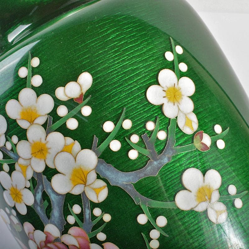 七宝焼　相互七宝造　緑光釉四君子文　七宝花瓶　唐木台付　共箱　D　R6973B