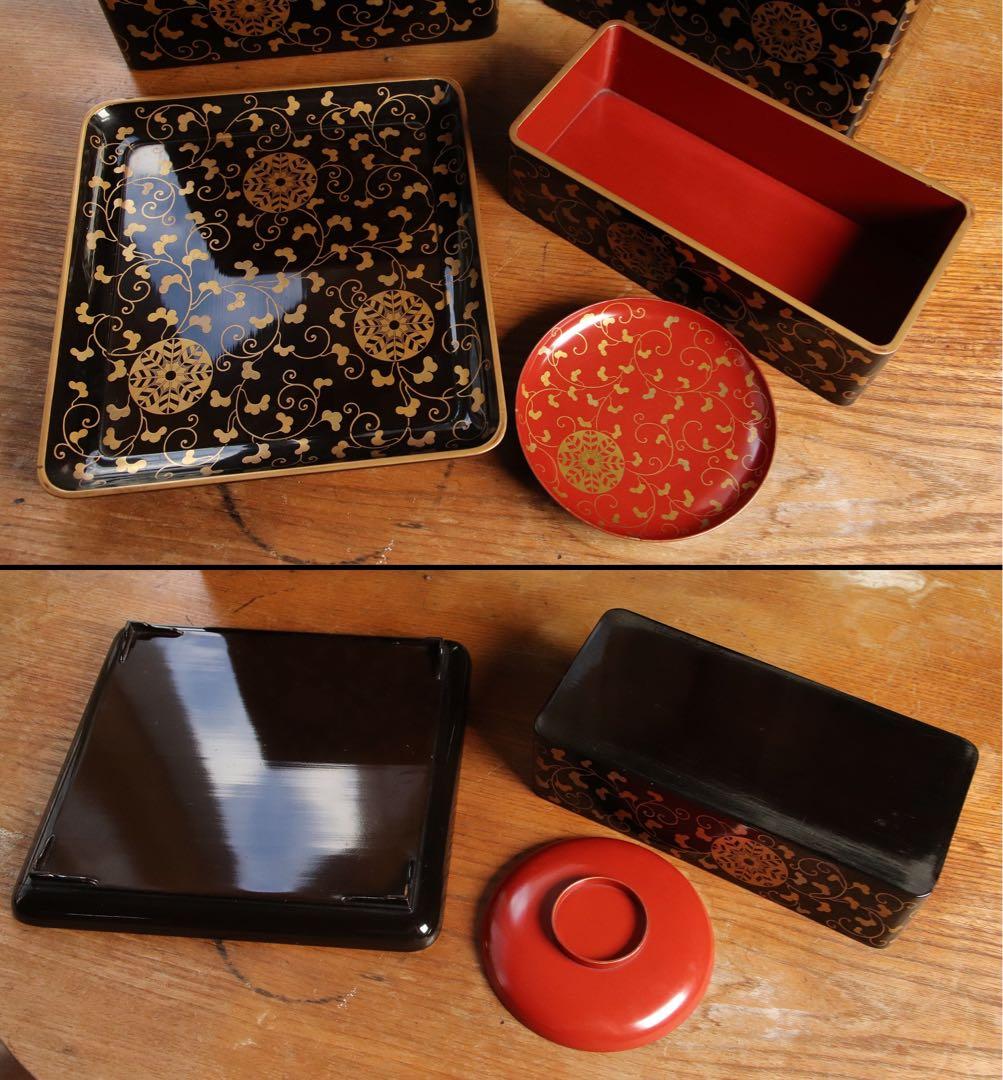 井上鷹の羽家紋　野弁当一式　時代漆芸　漆塗　金蒔絵　唐草　木製　提重