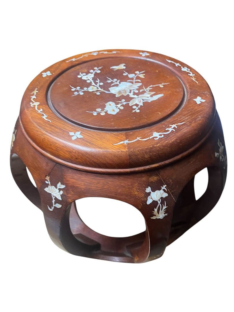 花梨 無垢 螺鈿細工 丸椅子 スツール 腰掛け 中国美術 工芸品 2個セット