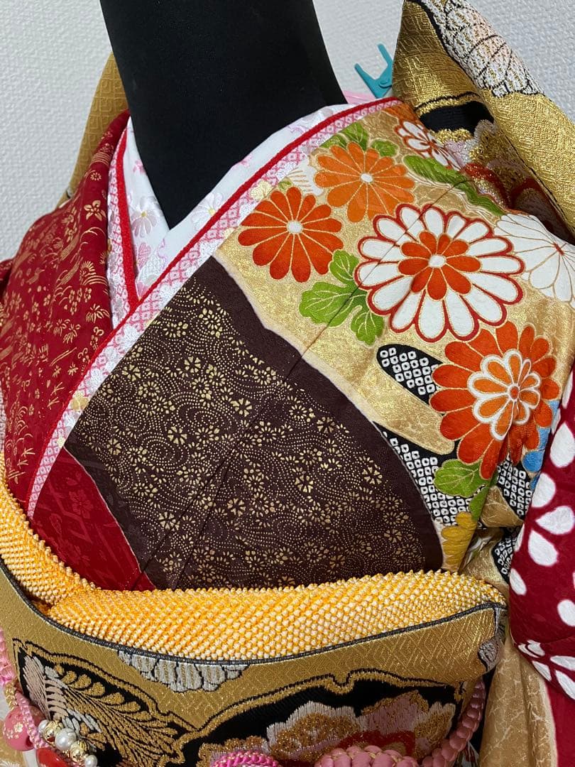 上質！赤の部分絞り正絹振袖 全て揃ったフルセット Mサイズ