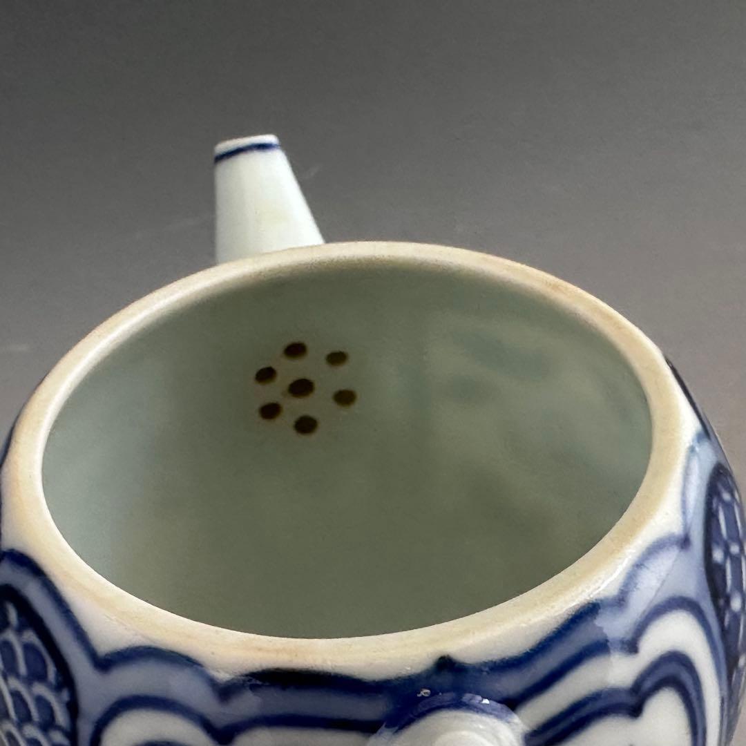 煎茶道具　青華花弁文　茶瓶　急須　初代　三浦竹軒　共箱　染付　京焼　茶器　茶会