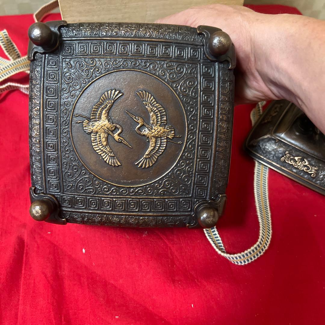 未使用品　蝋型鋳銅香炉 共箱 銅製 鷺花鳥文 供箱