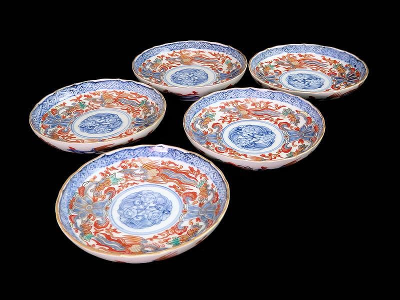 古伊万里　金襴手　鳳凰に花の図　４寸皿　５枚 　C237AS-COr
