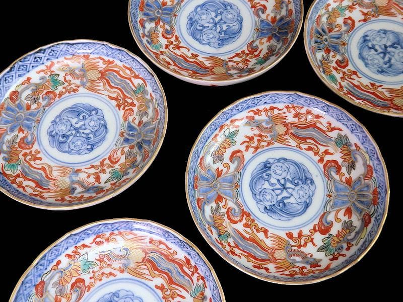 古伊万里　金襴手　鳳凰に花の図　４寸皿　５枚 　C237AS-COr