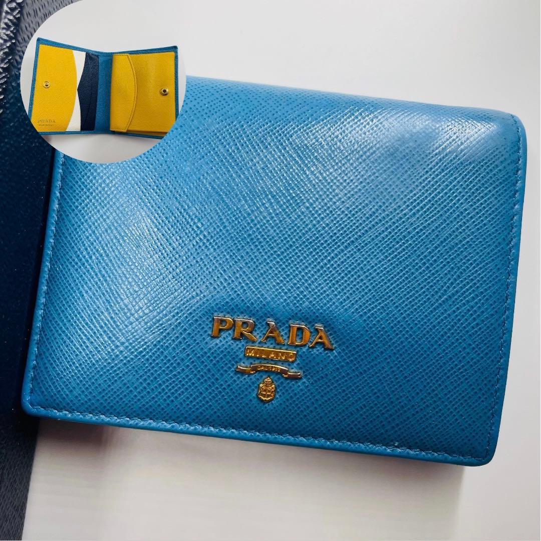 美品✨プラダ 二つ折り 財布 バイカラー ゴールドロゴ ブルー サファイ
