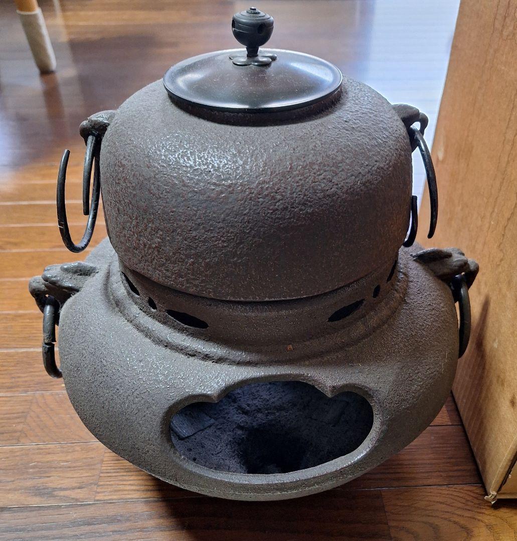 鬼面小 茶釜 茶道 風炉と風炉釜と敷板セット