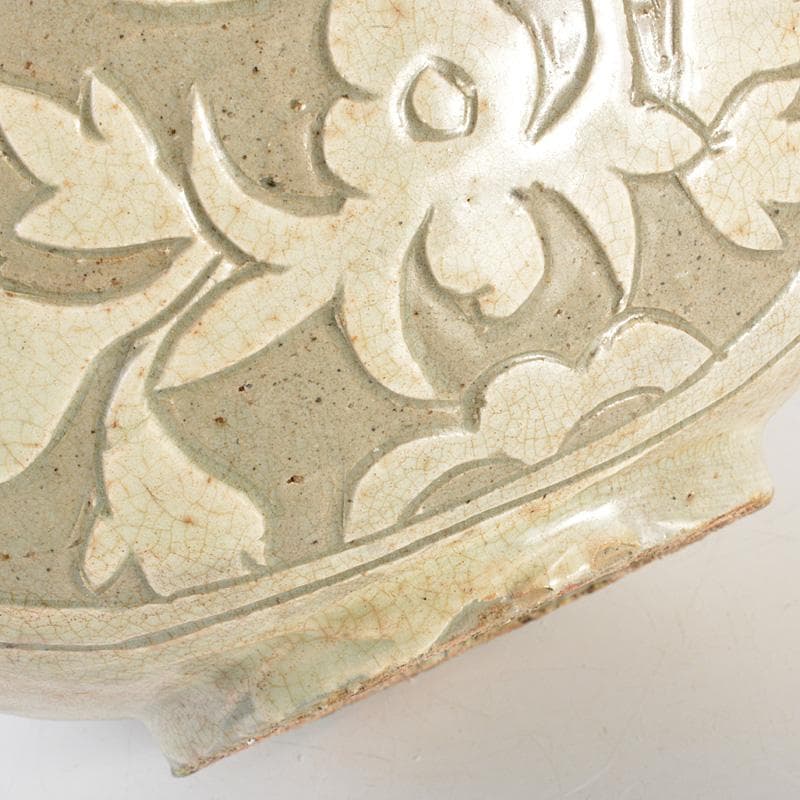 中国　磁州窯　白磁　掻落し　花文　扁壷　M　R7387F