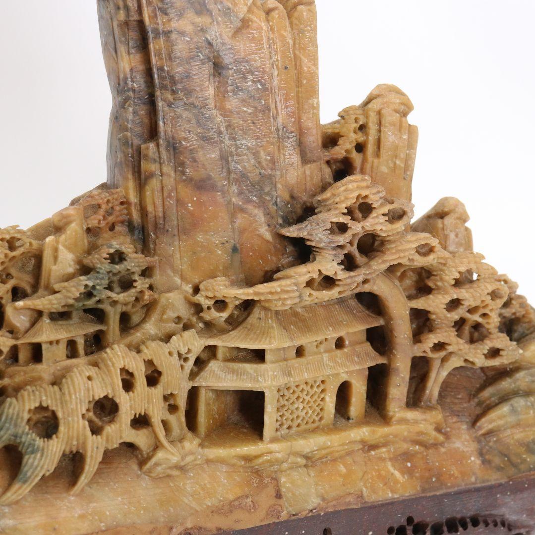 玉石蝋石青田石 楼閣山水雕 中国 床飾 置物 V201