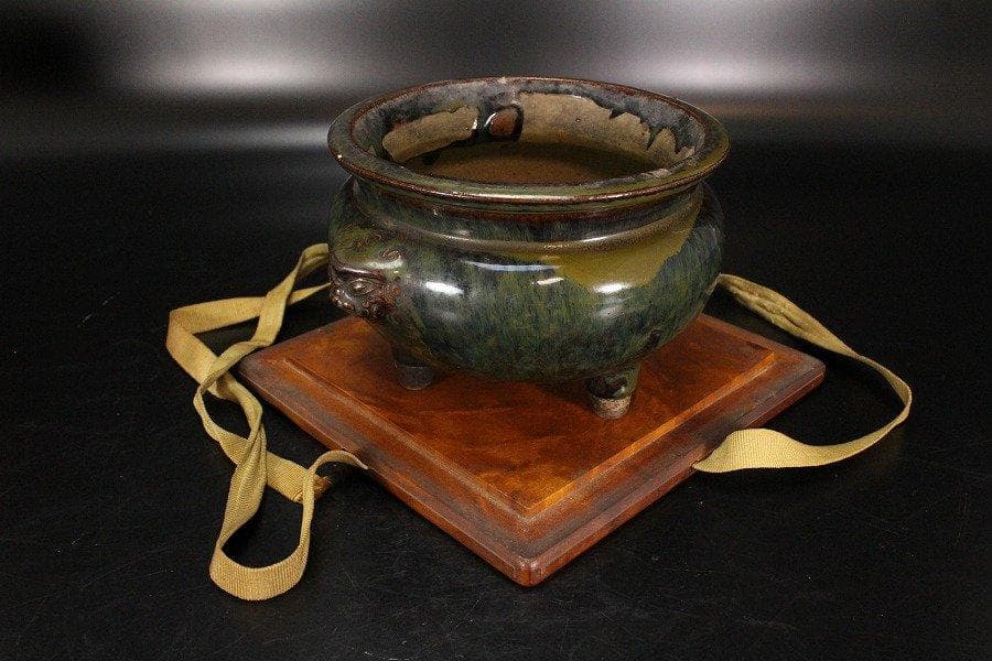 中国美術 窯變 海鼠釉 三足 獅子耳 香炉 明 旧家蔵出