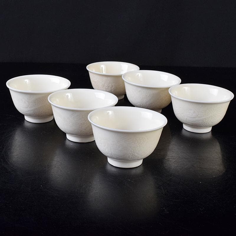 中国 徳化窯白磁 印刻 双龍文 煎茶碗 六客 V 8129E