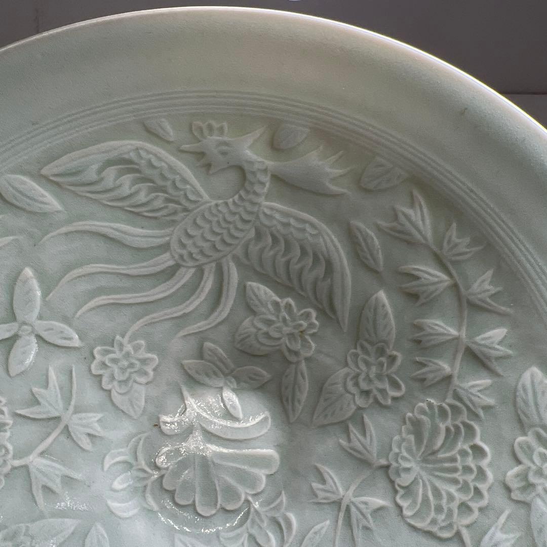 中国清朝時代　陽刻鳳凰文影青鉢　木箱　20.2㎝　東Y7-0702⭐︎2Fトコエサ