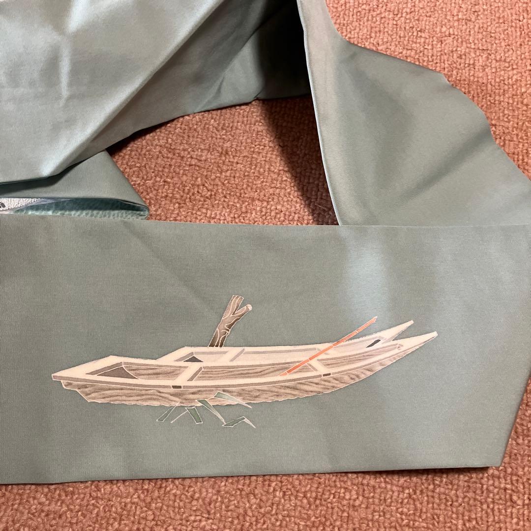 ①塩瀬 9寸名古屋帯 坂井教人 青磁色に舟