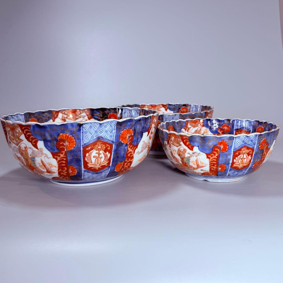 古伊万里 大聖寺伊万里 染錦三方龍仙人菊花型鉢 三ツ鉢揃い ショップ