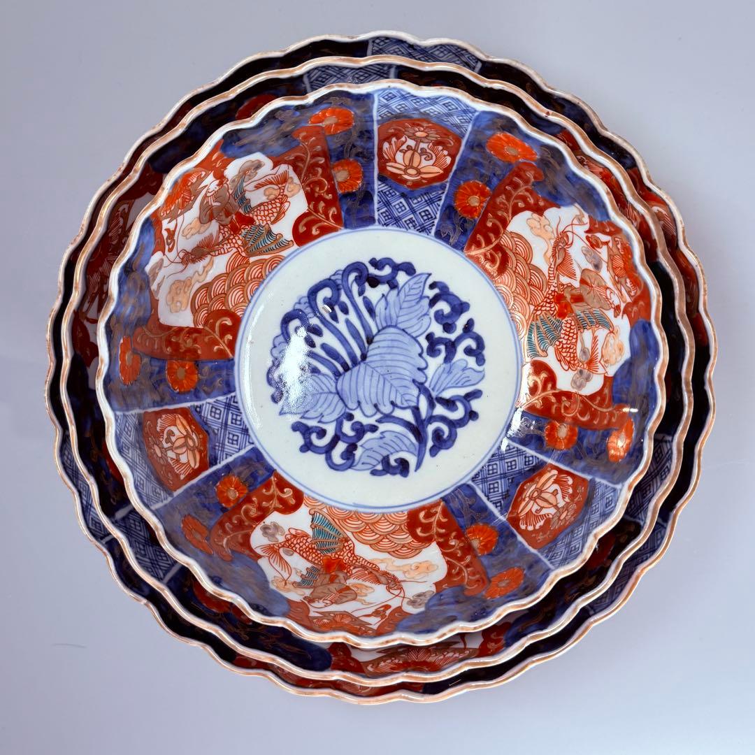 古伊万里 大聖寺伊万里 染錦三方龍仙人菊花型鉢 三ツ鉢揃い ショップ