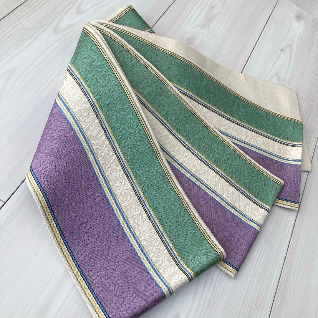 本場筑前博多織　半幅帯　織り出し　花唐草模様　縞模様　正絹　ポケット付No.45