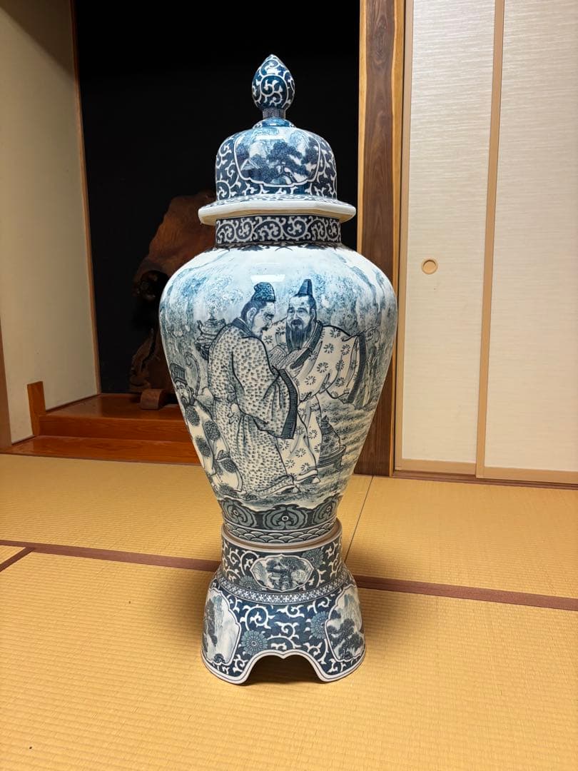 青白磁 蓋付き花瓶 高さ約120cm幅約45cm 古織作 花瓶 共
