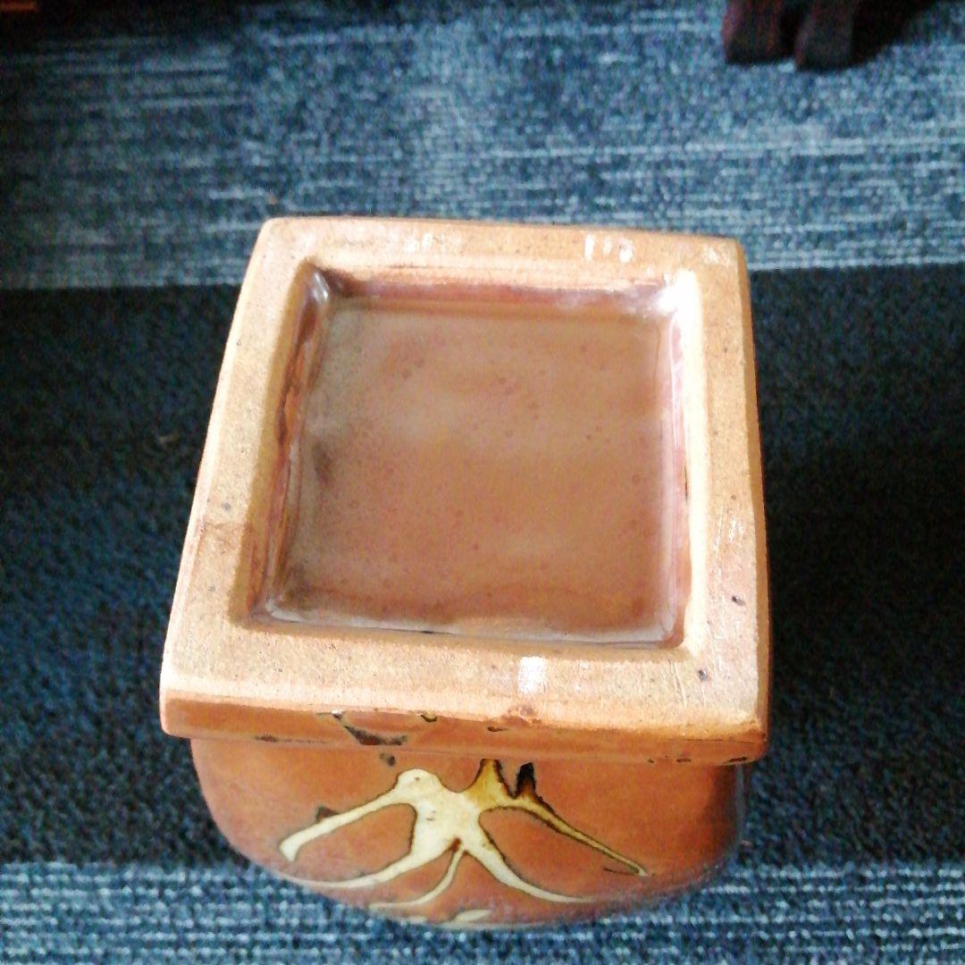 益子焼　秋山一夫　柿釉花紋四方瓶　24.5cm