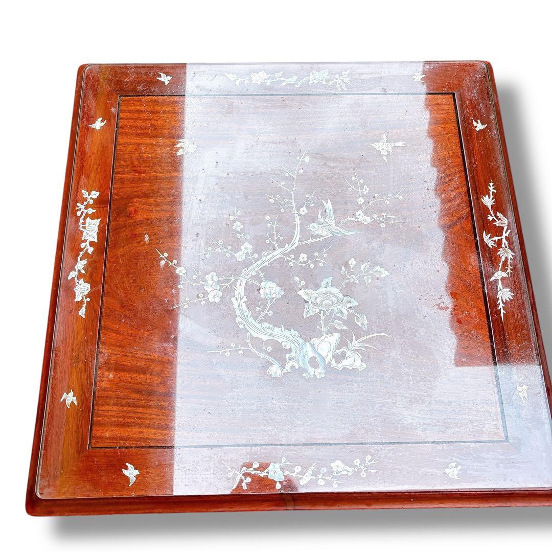 アンティーク 猫脚 螺鈿細工 木製 サイドテーブル 花鳥図 引き出し付き