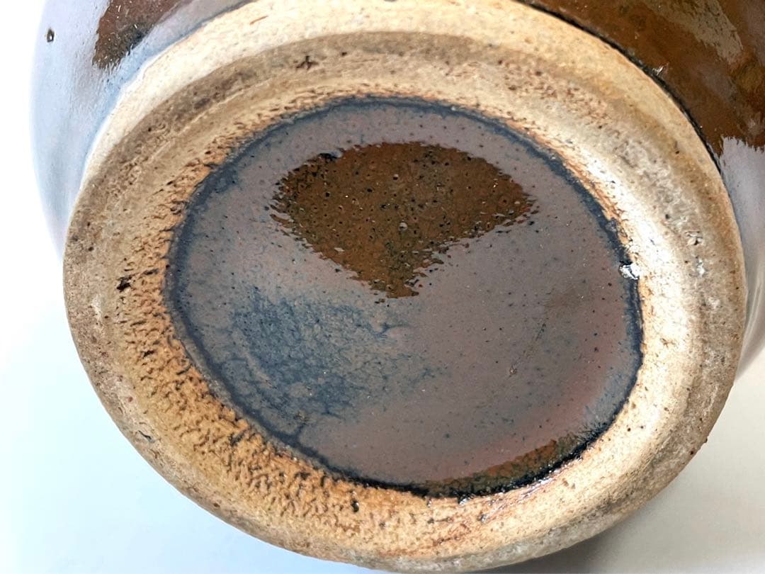 人間国宝　陶芸家　濱田庄司　浜田庄司　柿釉　トウキビ文　赤絵　徳利　共箱　民芸