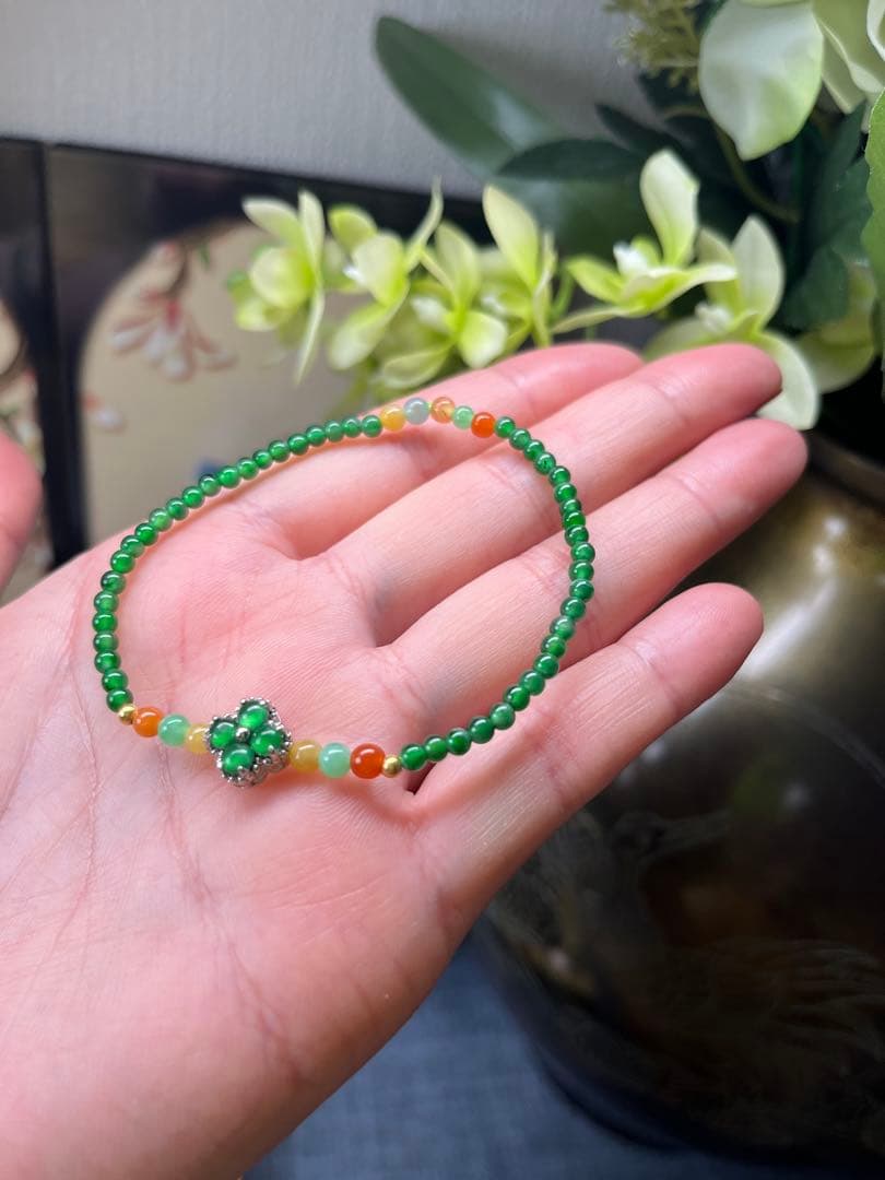 新入荷❣️貴重‼️18kビーズ入り、ロウカン質氷種満陽緑ビーズ&【幸運】四葉草ブレス