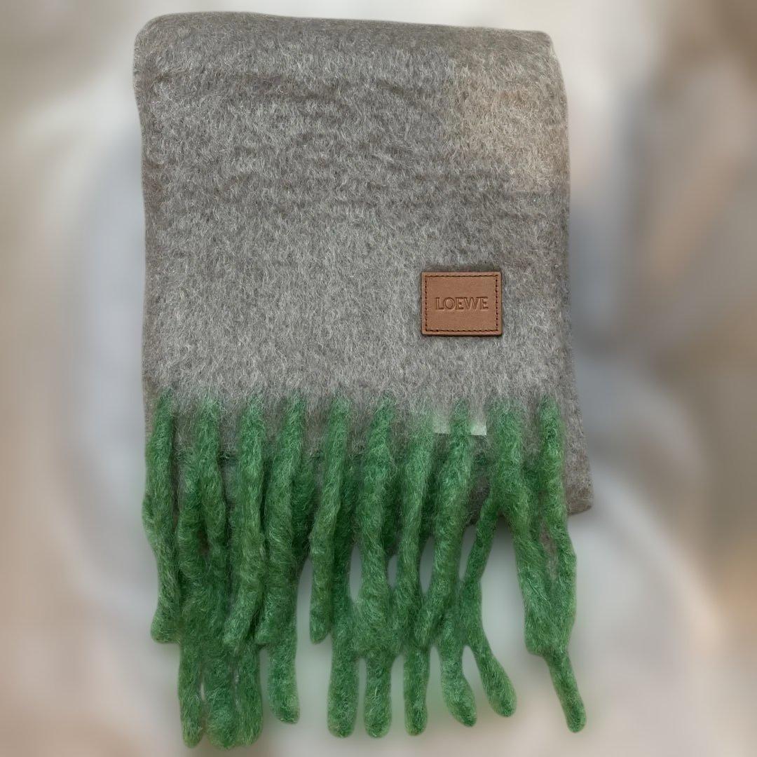 新品未使用品】LOEWE ウール フリンジ マフラー グレー/グリーン