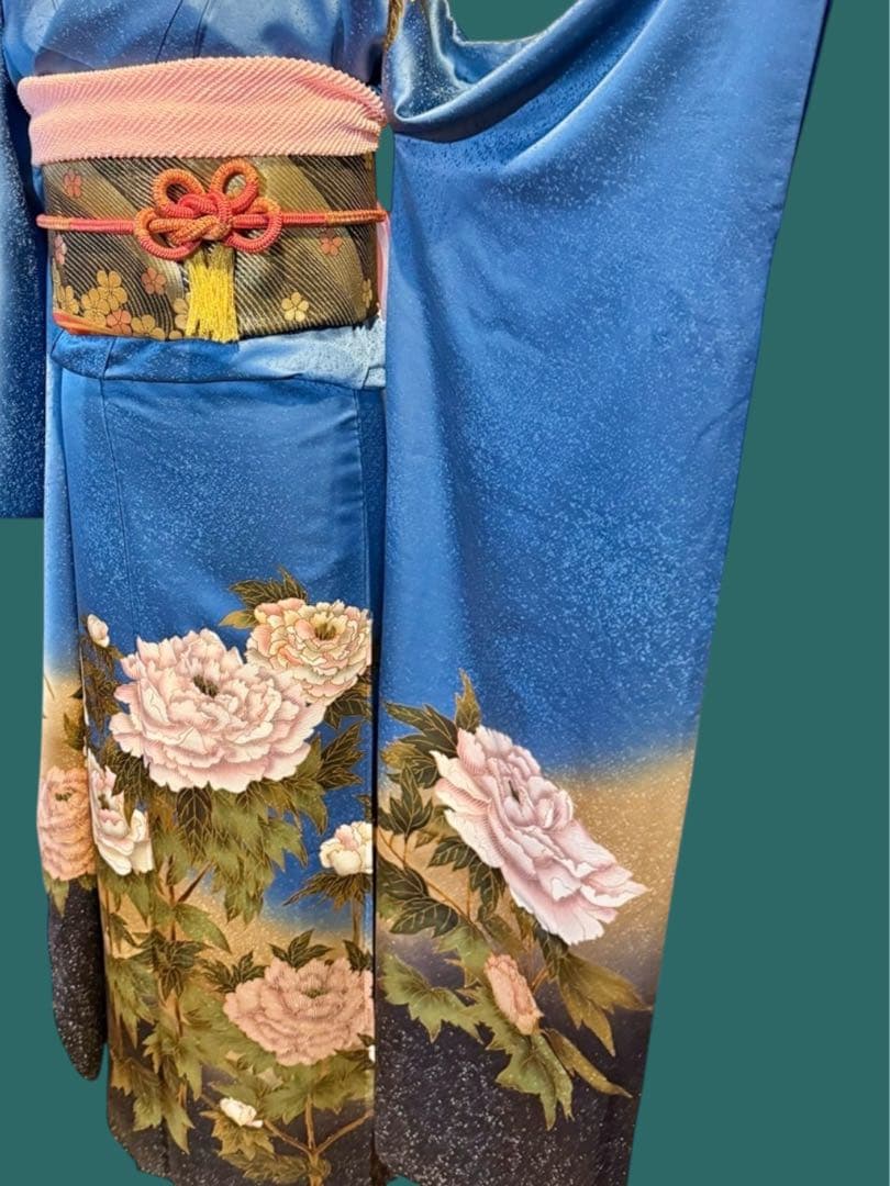 ブルー系の素敵な振袖・袋帯・帯揚げ・帯締めセット セミアンティーク