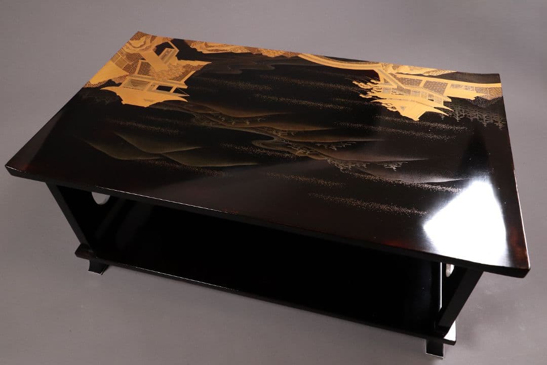 輪島塗 久世宗春 山水金蒔絵 冠卓 二段卓 花台 黒塗 天然木