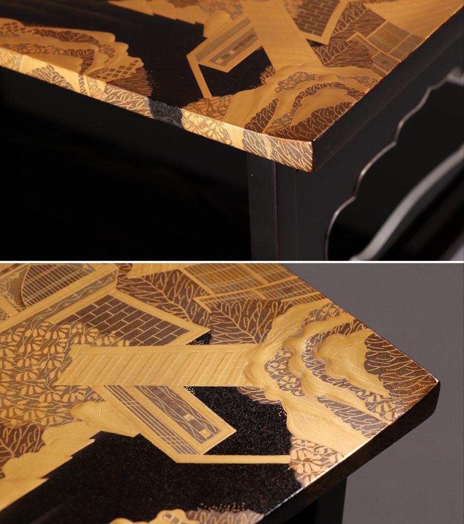 輪島塗 久世宗春 山水金蒔絵 冠卓 二段卓 花台 黒塗 天然木