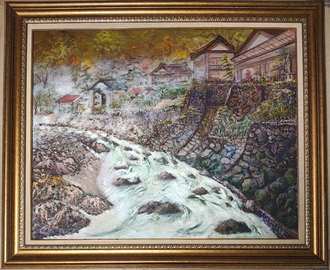 旅館装飾 F30号 大型 額縁 油絵 温泉街 昭和レトロ 店舗什器