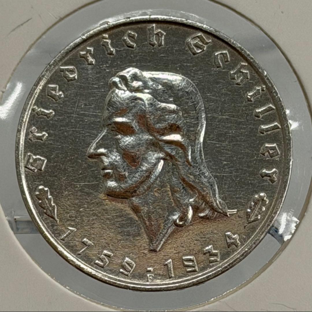 1934年ドイツ シラー生誕175周年記念2ライヒスマルク銀貨 極美