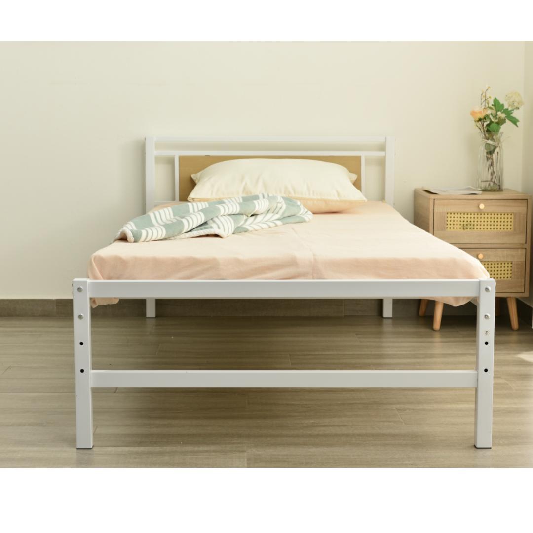 パイプベッド シングル ベッド 宮 三段階高さ調整可 スチール 耐震 WHITE