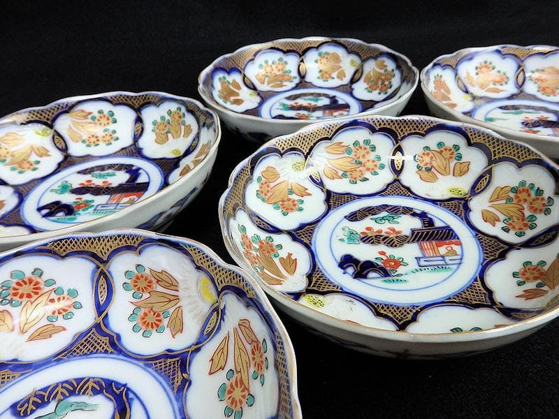 古伊万里　金襴手　陽刻　窓絵　花の図　膾皿　５客　E113AS-fbfr