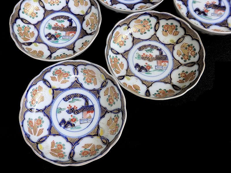 古伊万里　金襴手　陽刻　窓絵　花の図　膾皿　５客　E113AS-fbfr