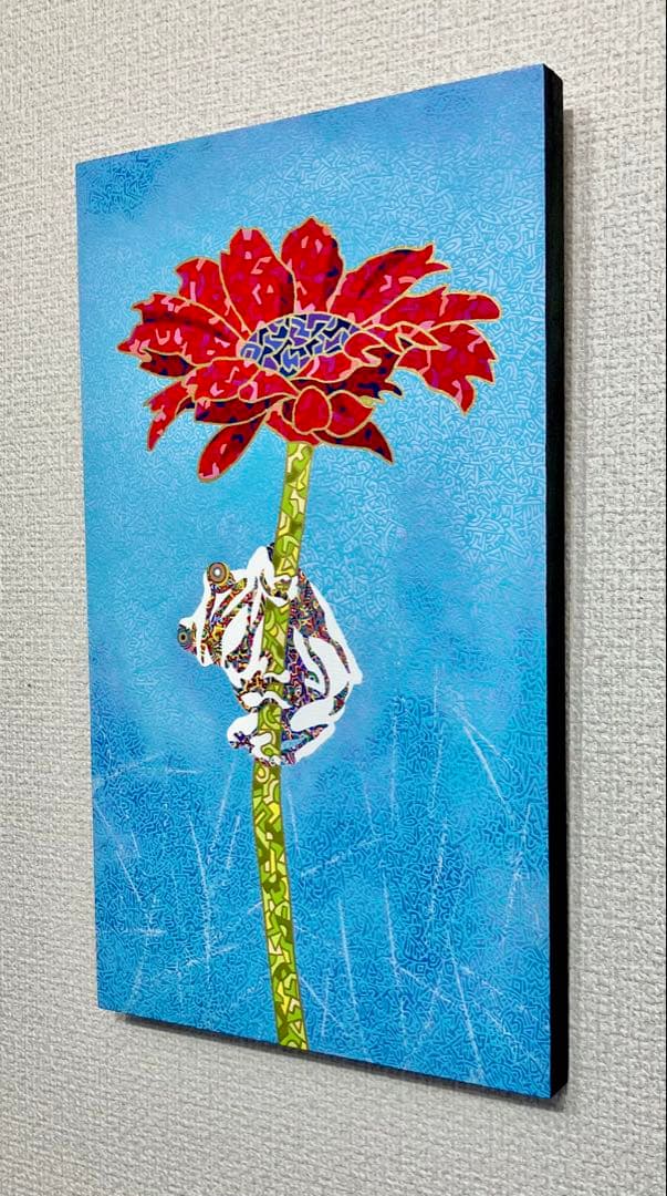 原画　蛙　動物画　絵画　アクリル画　現代アート　細密画　手描き　一点物